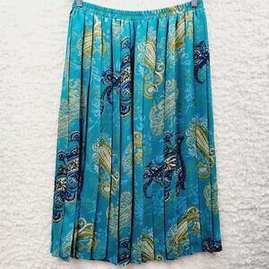 Skirt Midi Paisley Teal Green Pleated Boho Resort Cruise Office Travel Size 14